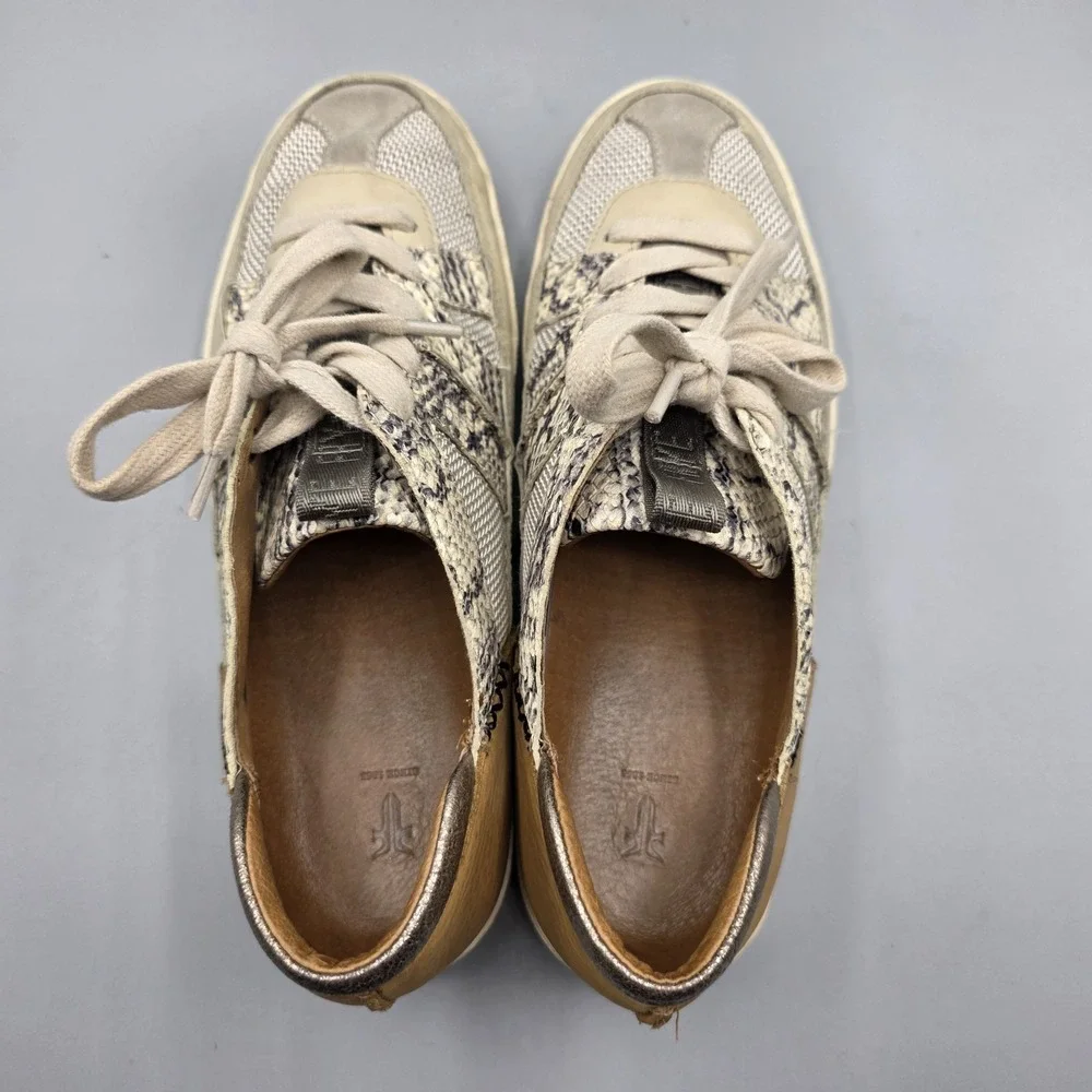 Frye Webster Sneakers Womens 8.5 Beige Leather Platform Snake Print Low Top Shoe